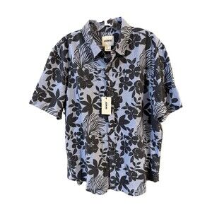 JASON WU Linen Blue Button Down Short Sleeve Shirt Navy Floral Size Large